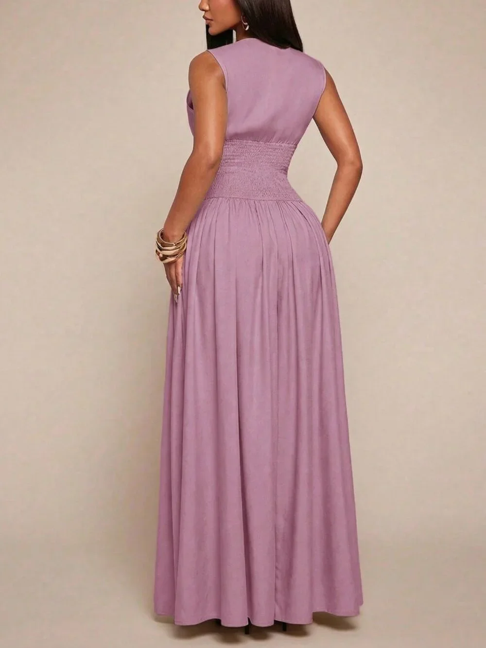 Purple Elegant Women's Minimalist V-Neck Cinched Button Front Shirt dress - Picture 2 of 6